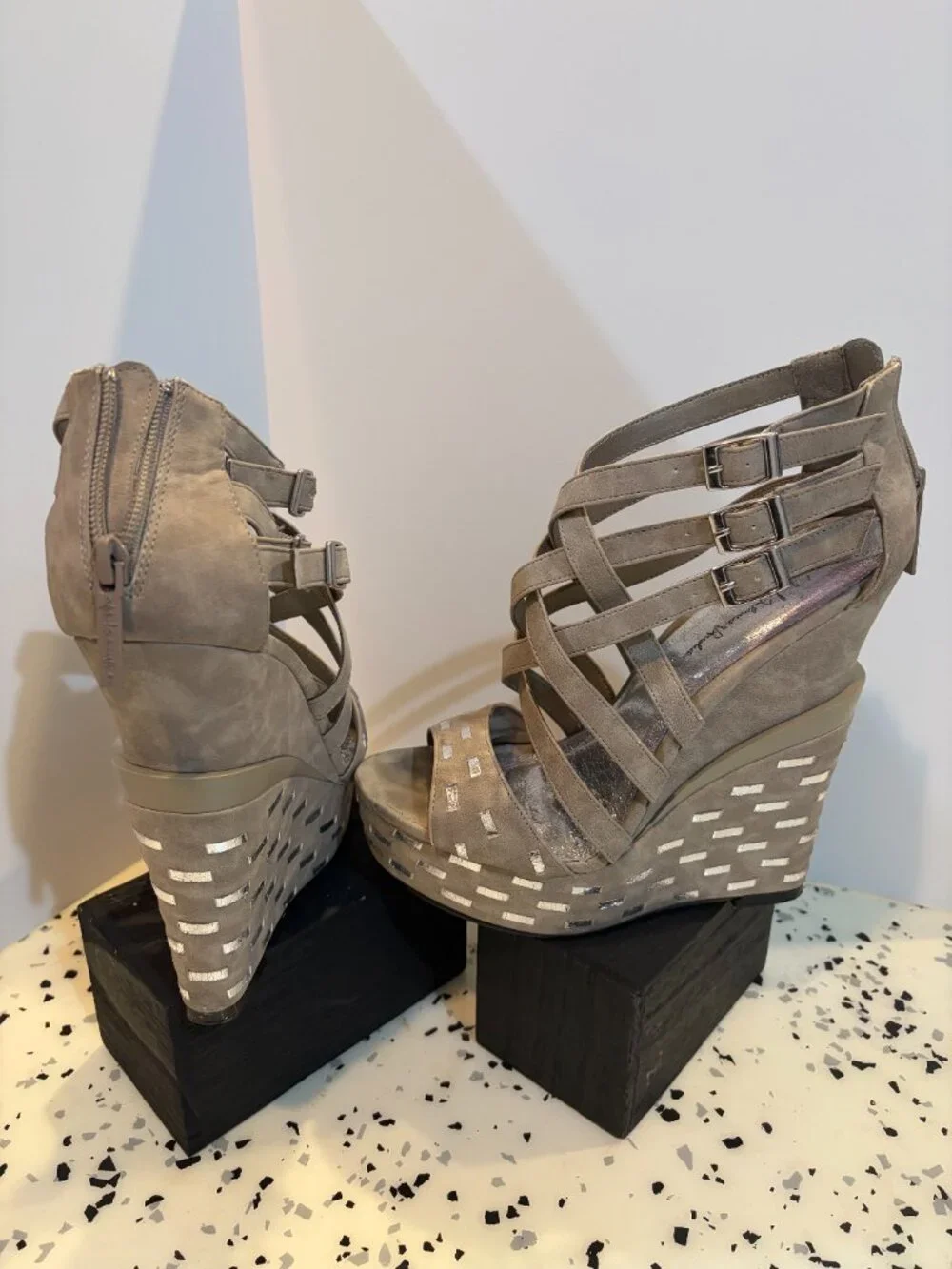 Taupe & Silver Wedge, 7 1/2, Micheal Saudie